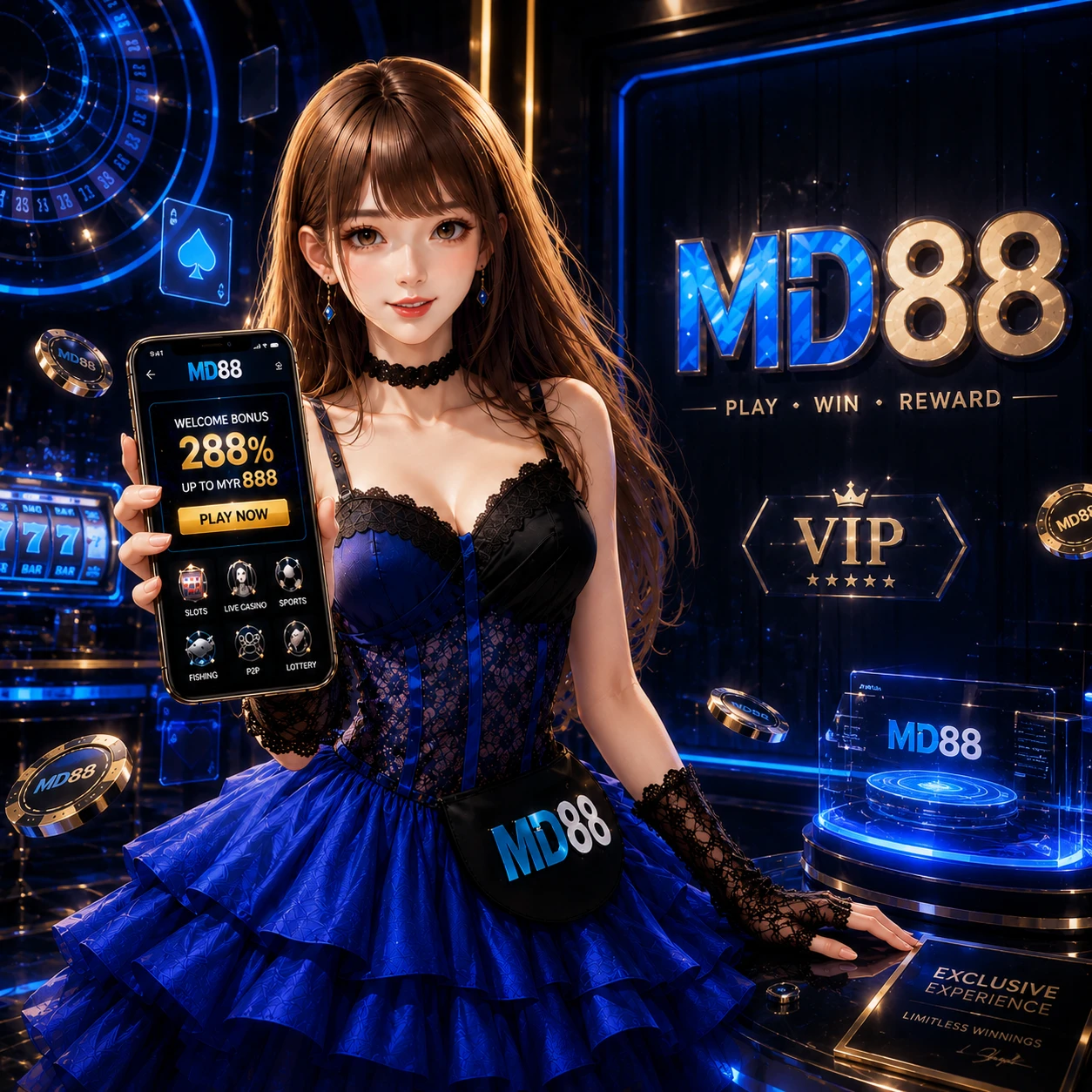 MD88 3D brand mascot eagle cheering with wings spread, dark blue gradient background with halo effect