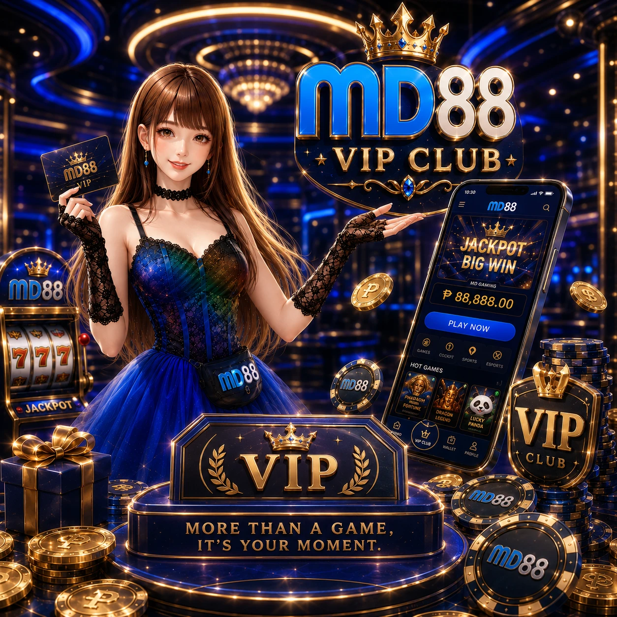 Waterfall of gold coins and reward gift boxes, MD88 mascot eagle holding a large gift bag, dark blue background with gold light effects and sparkling particles
