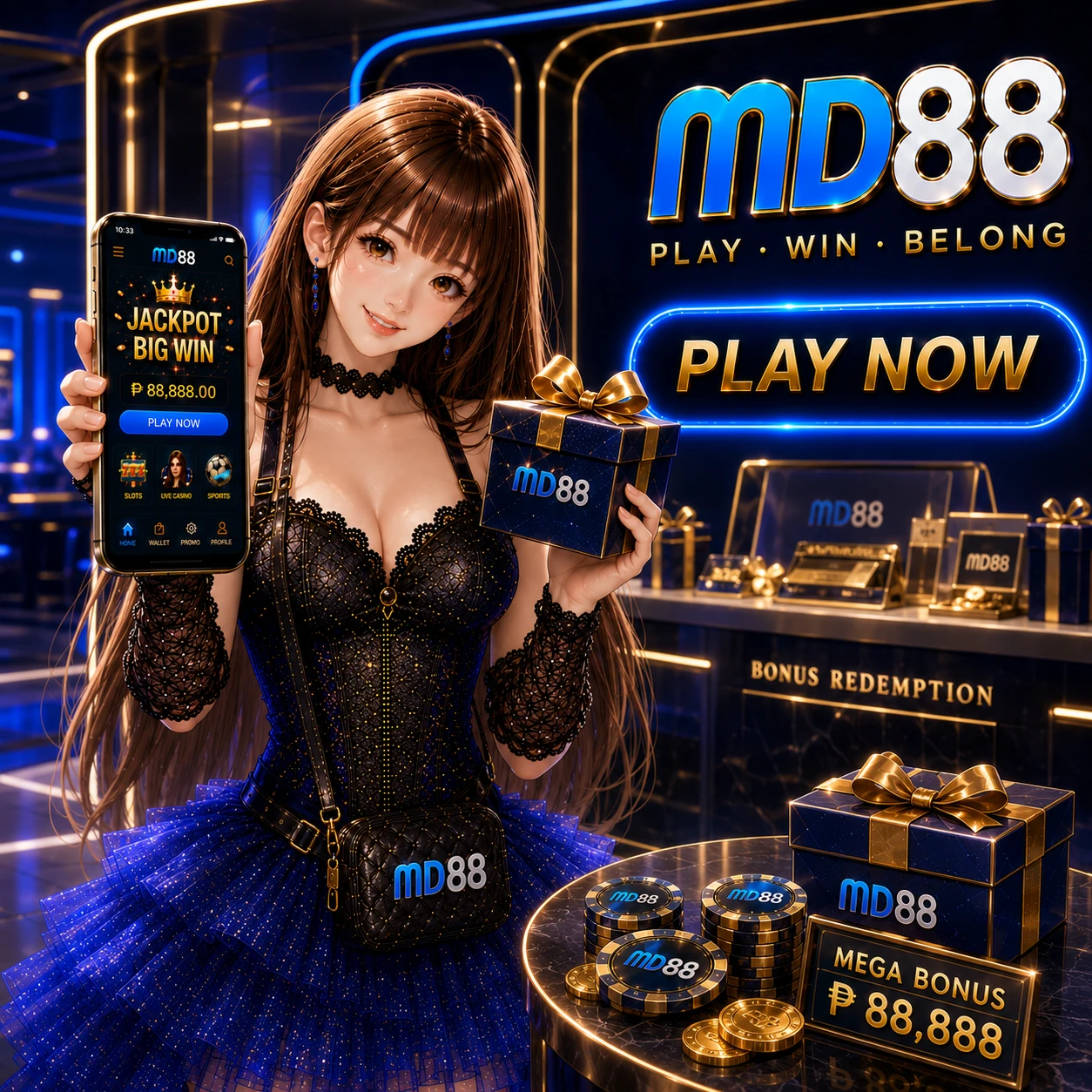 MD88 mascot eagle pointing upward to a Register button, dark blue background with gold halo and sparkling stars indicating action